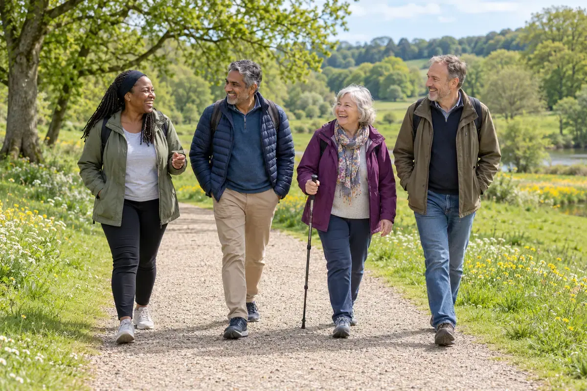 Four adults chatting as they walk together along a broad countryside path