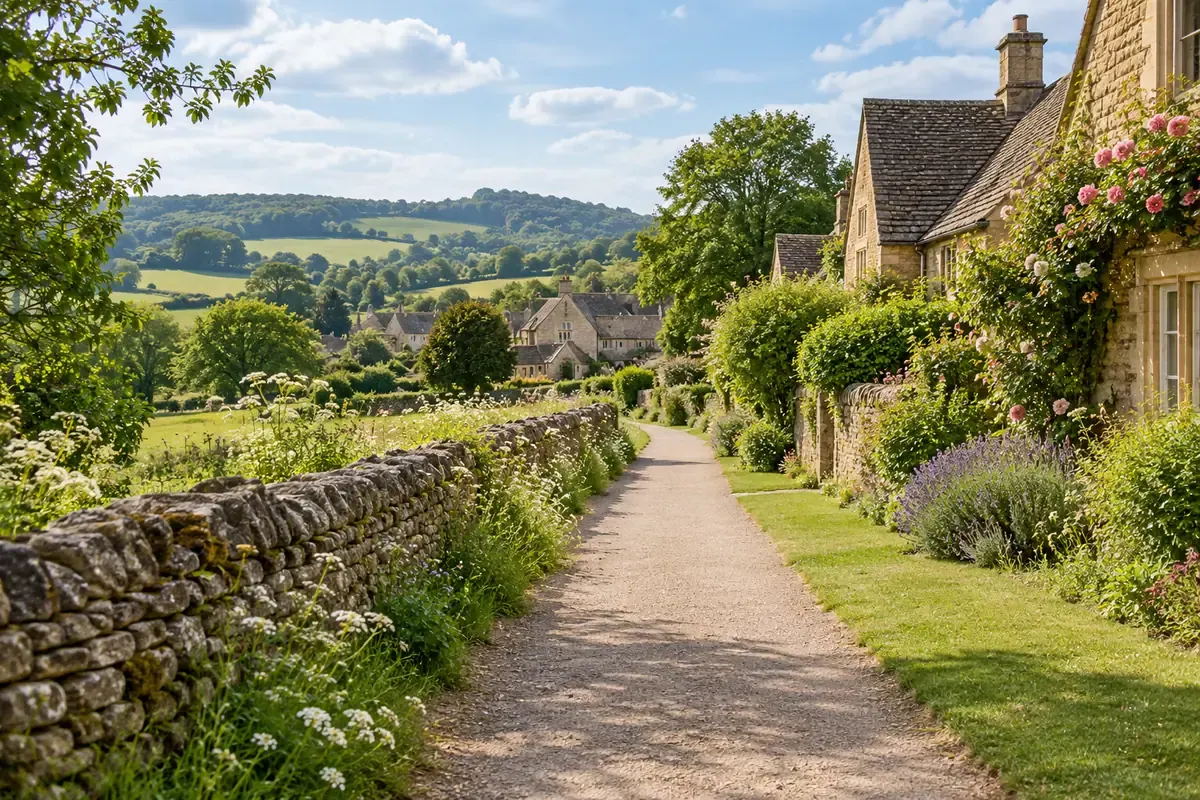 A sunny village lane beside cottage gardens and a dry-stone wall